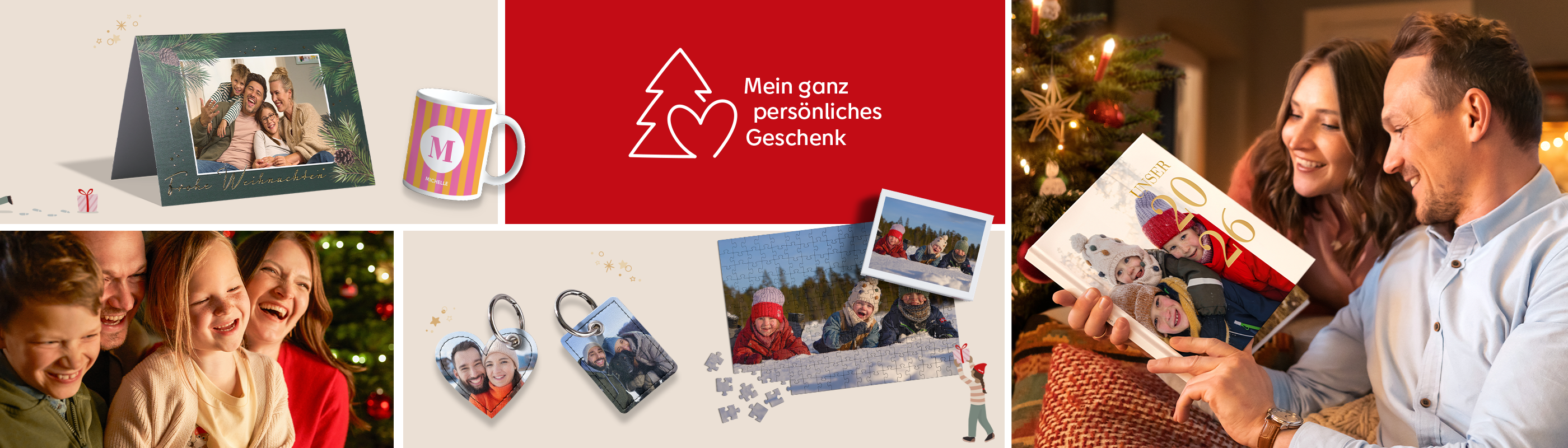 Collage mit einer weihnachtlichen Grußkarte, einer Fototasse, einem Puzzle und zwei personalisierten Schlüsselanhängern.