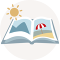 Offenes CEWE FOTOBUCH mit bunten Urlaubsbildern und einer Sonne darüber