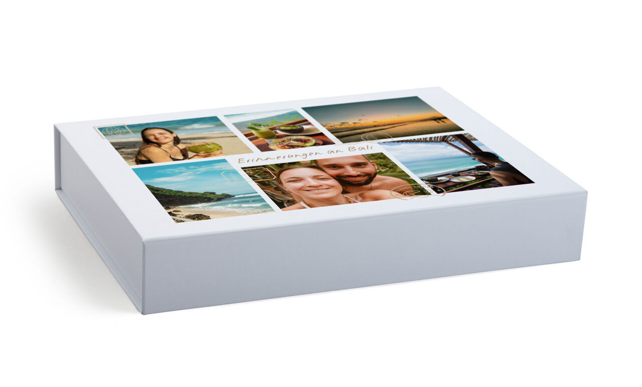 Weiße Erinnerungsbox mit Fotocollage aus Reisefotos und dem Text „Erinnerungen an Bali.